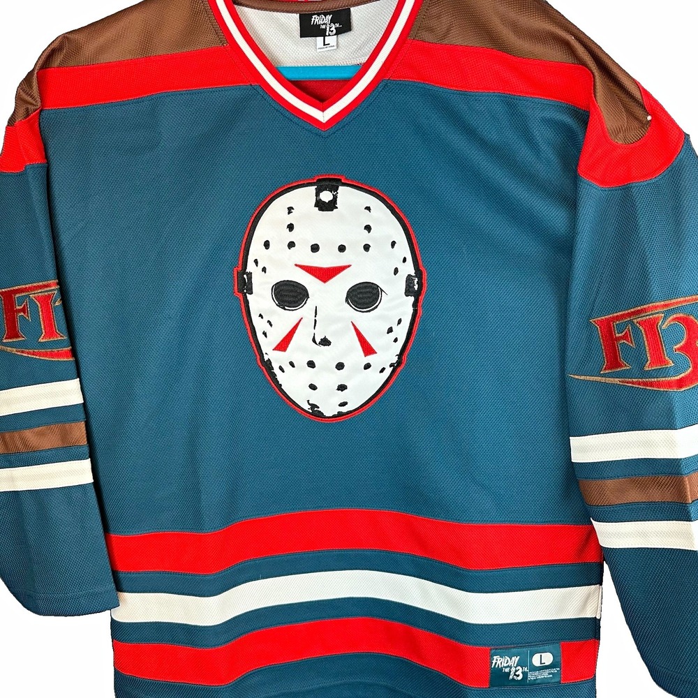 Friday the 13th Hockey Jersey Jason Mask Size L Blue Red Brown White